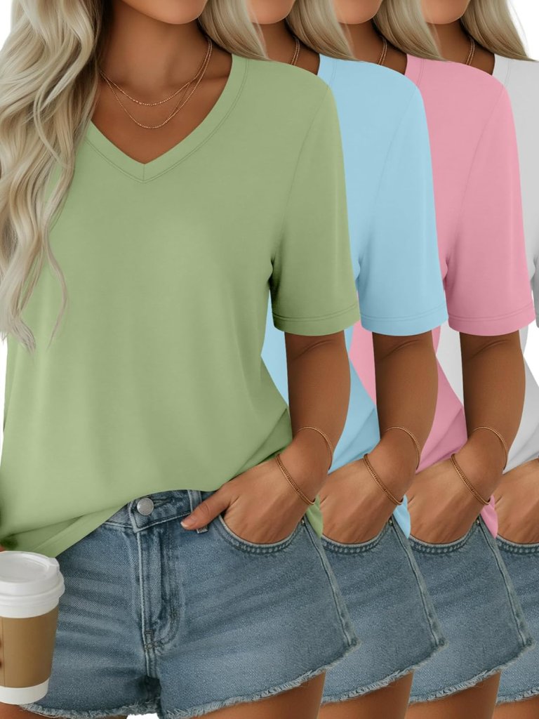 4 Pack Women's Half Sleeve V Neck Tops Elbow Length Loose Fit Shirts Casual Tren